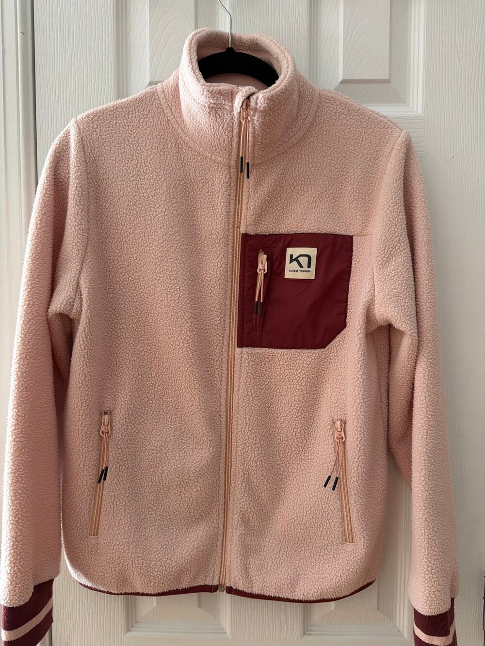Kari Traa Blush Pink Sherpa Fleece Full Zip Jacket, Burgundy pocket Size S